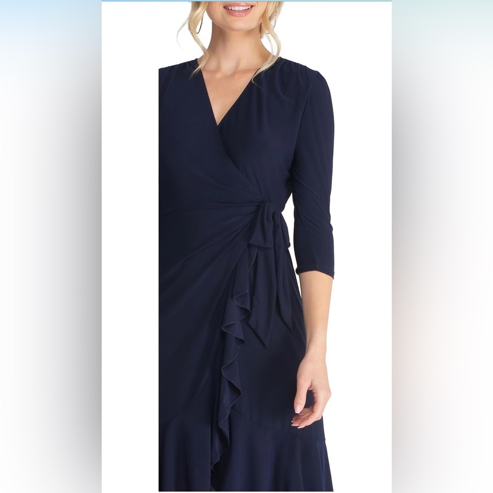Kiyonna Plus Size Whimsy Ruffled Midi Wrap Dress with 3/4 Sleeves - Picture 2 of 10